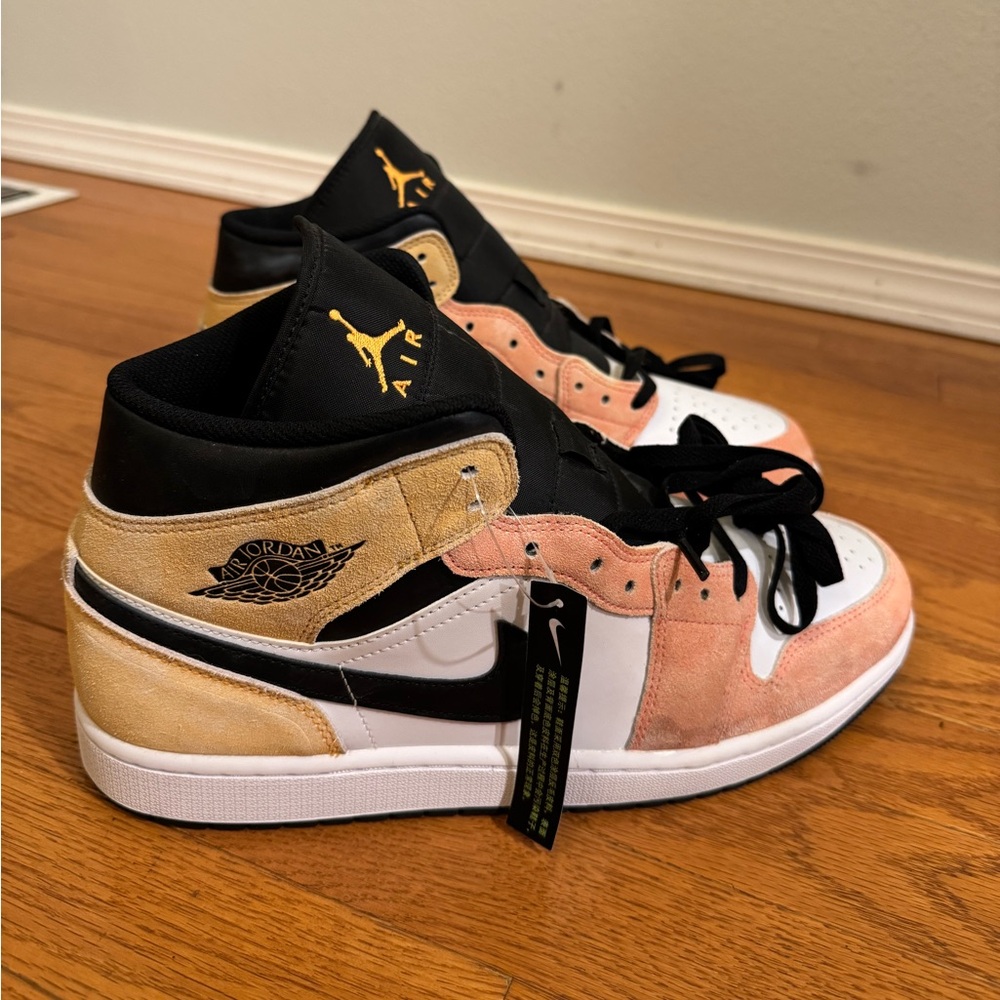 Nike Air Jordan 1 Mid Pink Tan White Black Suede Sneakers